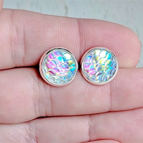 LAST PAIR! Iridescent Mermaid Button Stud Earrings - Picture 7 of 8